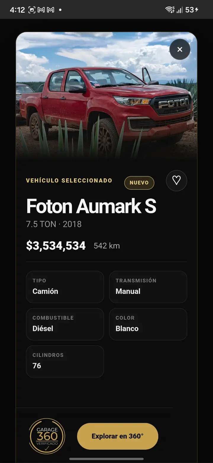 Ficha de vehículo Garage 360 en celular